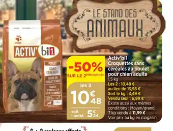 Bi1 Activ'bil croquettes sans cereales au poulet pour chien adulte offre