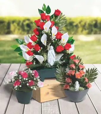 Centrakor La jardinière de 18 boutons de rose et 10 arums avec vierge offre