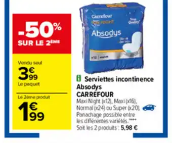 Carrefour Serviettes incontinence absodys offre