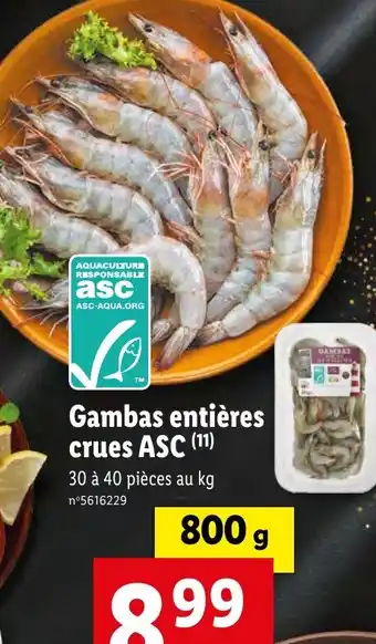 Lidl Gambas entières crues ASC (11) 30 à 40 pièces au kg offre