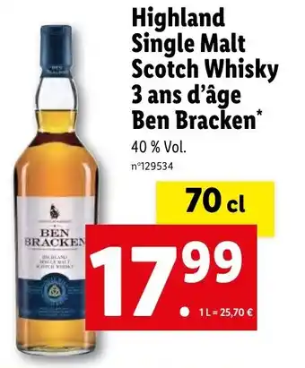 Lidl Highland Single Malt Scotch Whisky 3 ans d'âge Ben Bracken* offre