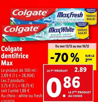Lidl Colgate dentifrice max offre