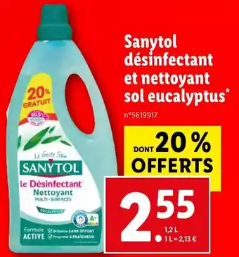 Lidl Sanytol désinfectant et nettoyant sol eucalyptus* offre
