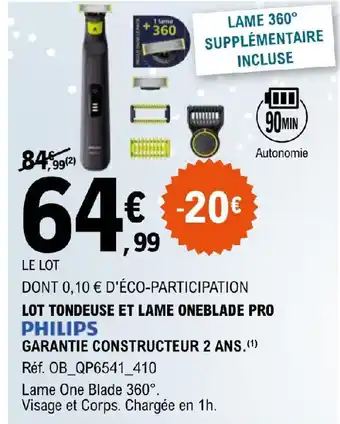 E.Leclerc LOT TONDEUSE ET LAME ONEBLADE PRO PHILIPS offre
