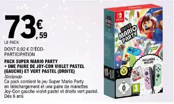 E.Leclerc PACK SUPER MARIO PARTY + UNE PAIRE DE JOY-CON VIOLET PASTEL (GAUCHE) ET VERT PASTEL (DROITE) Nintendo offre