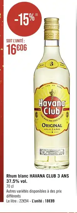 Casino Supermarchés Havana club rhum blanc 3 ans 37.5% vol offre
