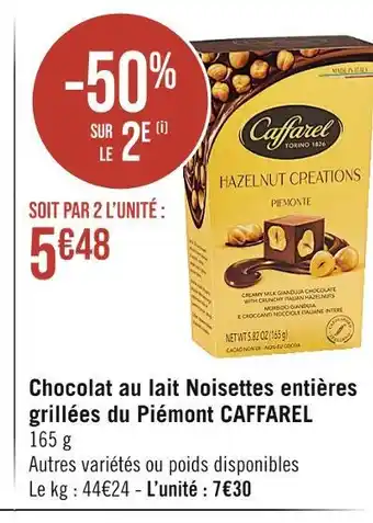 Casino Supermarchés Caffarel chocolat au lait noisettes entières grillées du piémont offre