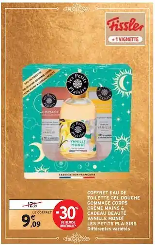 Intermarché Les petits plaisirs coffret eau de toilette gel douche gommage corps crème mains & cadeau beauté vanille monoï offre