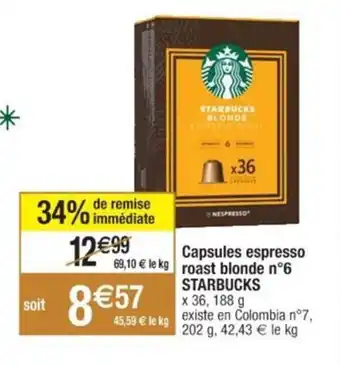 Cora x Carrefour Capsules espresso roast blonde n°6 STARBUCKS offre