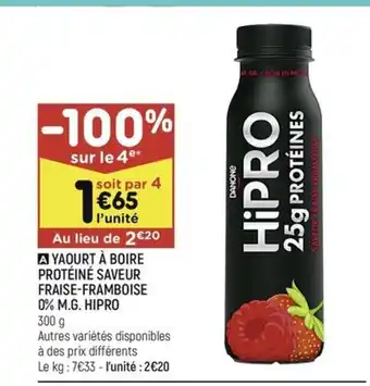 Leader Price A YAOURT À BOIRE PROTÉINÉ SAVEUR FRAISE-FRAMBOISE 0% M.G. HIPRO offre