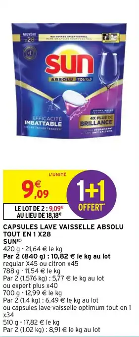 Intermarché CAPSULES LAVE VAISSELLE ABSOLU TOUT EN 1 X28 SUN offre
