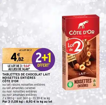Intermarché TABLETTES DE CHOCOLAT LAIT NOISETTES ENTIÈRES CÔTE D'OR offre