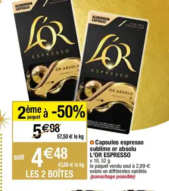 Migros Capsules espresso sublime or absolu L'OR ESPRESSO offre