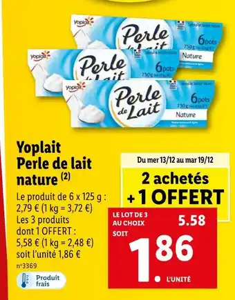 Lidl Yoplait yoplait perle de lait nature offre