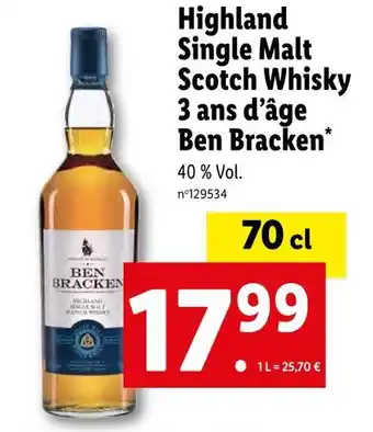 Lidl Ben bracken highland single malt scotch whisky 3 ans d’âge offre