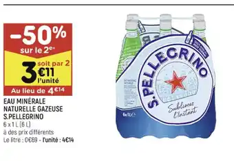 Leader Price EAU MINÉRALE NATURELLE GAZEUSE S.PELLEGRINO 6x1L (6L) offre