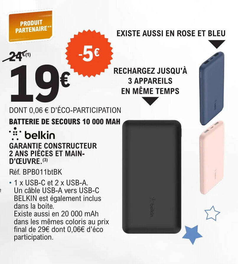 Promo BATTERIE DE SECOURS 10 000 MAH chez E.Leclerc