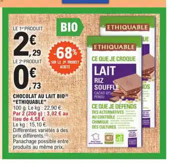 E.Leclerc CHOCOLAT AU LAIT BIO(3) "ETHIQUABLE" offre