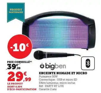 Hyper U ENCEINTE NOMADE ET MICRO Puissance 50W offre