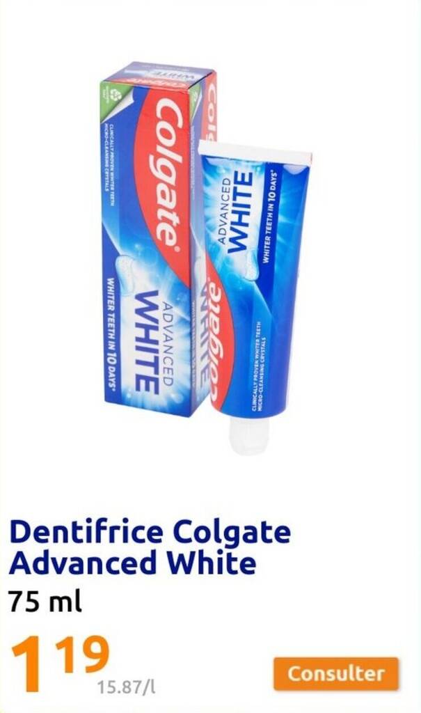 Promo Dentifrice Colgate Advanced White chez Action