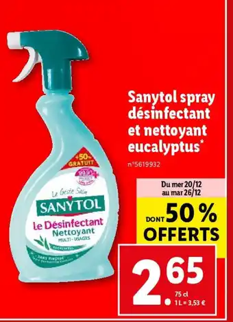 Lidl Sanytol spray désinfectant et nettoyant eucalyptus* offre