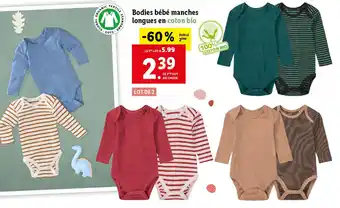 Lidl Bodies bébé manches longues en coton bio offre
