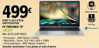 E.Leclerc Espace Culturel PC PORTABLE 15" acer offre