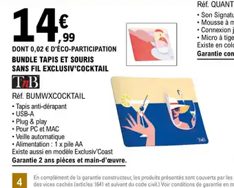 E.Leclerc Espace Culturel BUNDLE TAPIS ET SOURIS SANS FIL EXCLUSIV'COCKTAIL offre