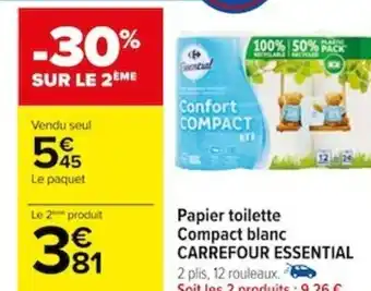 Carrefour Papier toilette Compact blanc CARREFOUR ESSENTIAL 2 plis, 12 rouleaux. offre