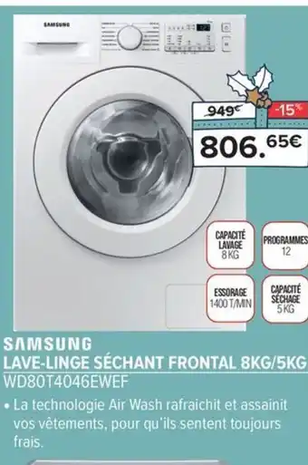 Gitem SAMSUNG LAVE-LINGE SÉCHANT FRONTAL 8KG/5KG WD80T4046EWEF offre