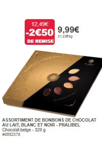 Costco ASSORTIMENT DE BONBONS DE CHOCOLAT AU LAIT, BLANC ET NOIR - PRALIBEL Chocolat belge - 320 g offre
