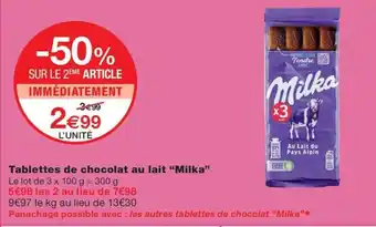 Monoprix Tablettes de chocolat au lait “Milka” offre