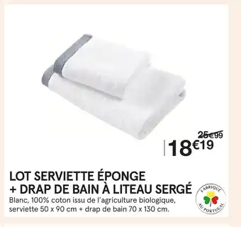 Monoprix Lot serviette éponge + drap de bain à liteau sergé offre