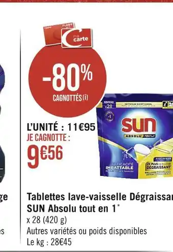 Casino Supermarchés Sun tablettes lave-vaisselle dégraissant absolu tout en 1 offre