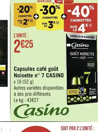 Casino Supermarchés Casino capsules café goût noisette n° 7 offre