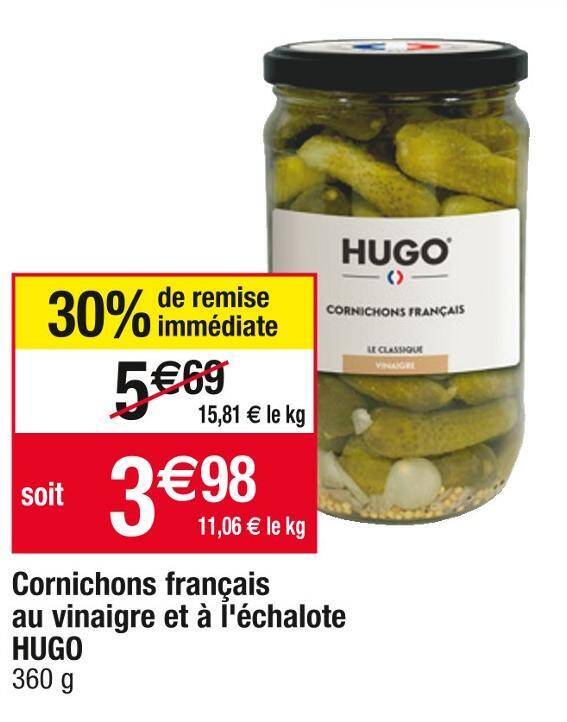 Promo Hugo cornichons français au vinaigre et à l'échalote chez Cora