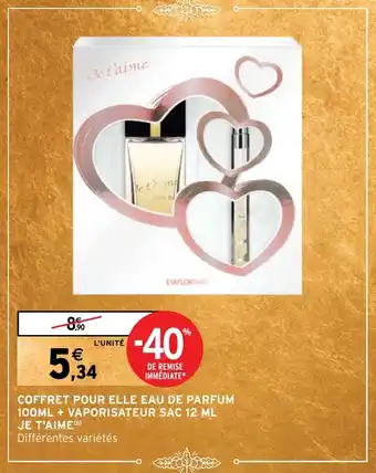 Intermarché COFFRET POUR ELLE EAU DE PARFUM 100ML + VAPORISATEUR SAC 12 ML JE T'AIME (b) offre