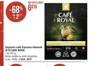 Géant Casino Capsules café Espresso Intensité 5/10 CAFE ROYAL offre