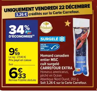 Carrefour Homard canadien entier MSC cuit surgelé offre