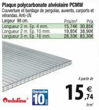 Tridôme Plaque polycarbonate alvéolaire PCMW offre