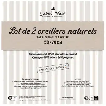 Auchan Lot de 2 oreillers plumettes de canard offre