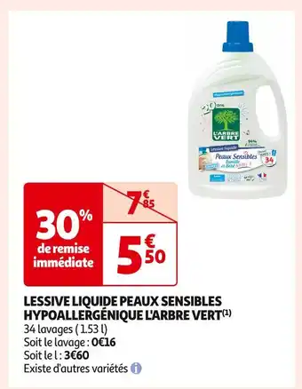 Auchan Supermarché L'arbre vert lessive liquide peaux sensibles hypoallergénique (1) offre