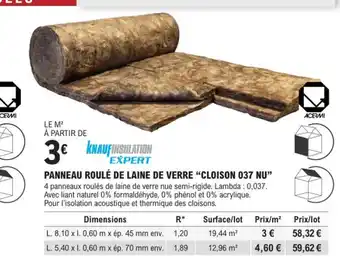 E.Leclerc Brico PANNEAU ROULÉ DE LAINE DE VERRE "CLOISON 037 NU offre