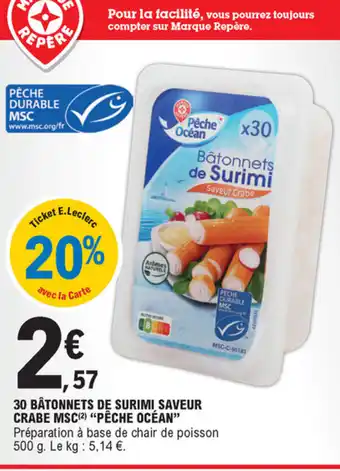 E.Leclerc 30 Bâtonnets de surimi saveur Crabe MSC offre
