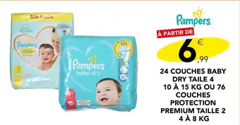 Stokomani Pampers 24 couches baby dry taile 4 10 à 15 kg ou 76 couches protection premiom taille 2 4 à 8 kg offre