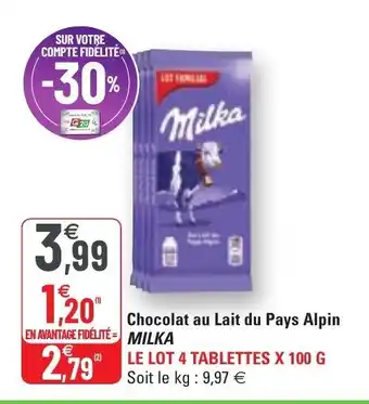 G20 Chocolat Au Lait Du Pays Alpin Milka offre