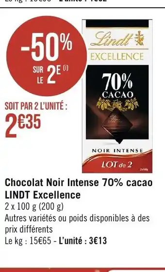 Casino Supermarchés Chocolat Noir Intense 70% cacao LINDT Excellence offre