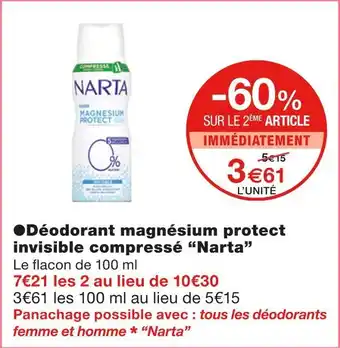 Monoprix Narta déodorant magnésium protect invisible compressé offre