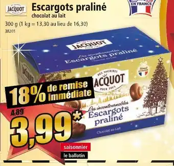 Norma Jacquot escargots praliné chocolat au lait offre