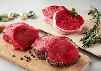 Match Viande bovine : pavé *** nature, beurre d’ail ou poivre ou pavé *** en tournedos offre
